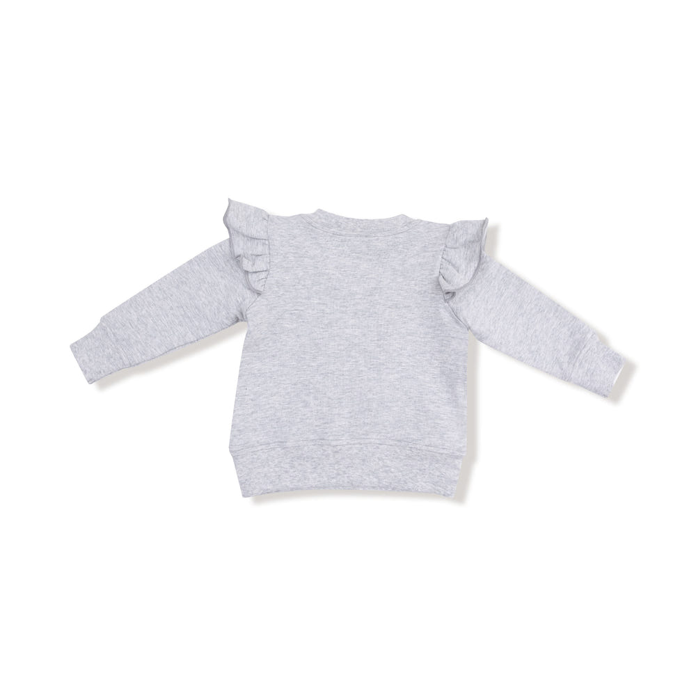 Light grey ruffle sweatshirt with love patch for babies, perfect for stylish comfort.