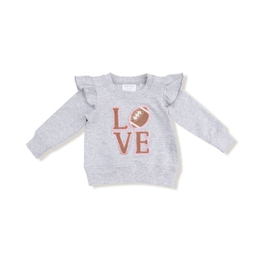 Light grey ruffle sweatshirt with love patch for babies, perfect for stylish comfort.