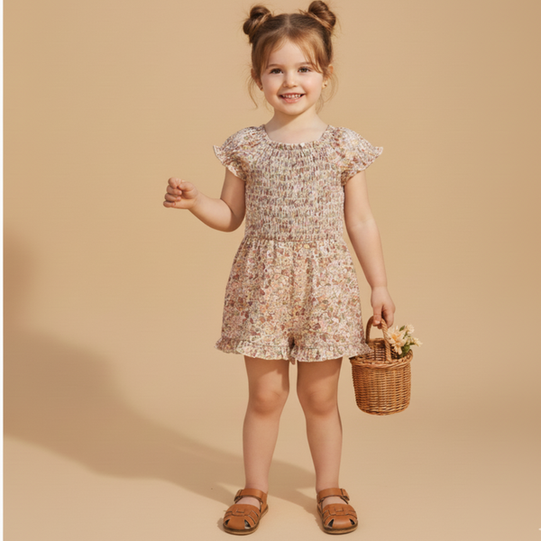 Organic Smocked Jumpsuit - Pastel Bloom