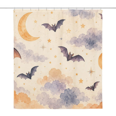 Bats and Moons Halloween shower curtain, full front view of the 71 x 74 in fabric curtain