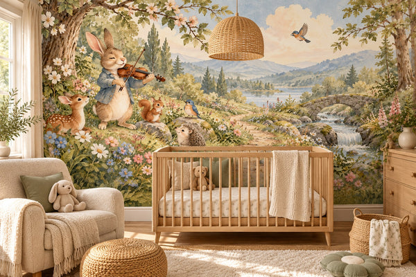 Watercolor Rabbit Violin Wall Mural, image 1