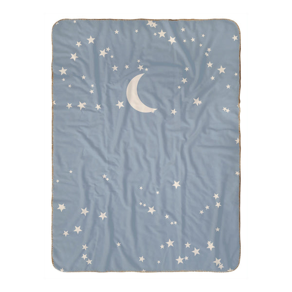 Personalize the Moon and Stars sherpa baby blanket in dusty blue with your baby's name