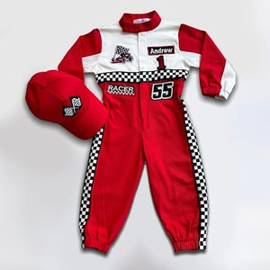 Handmade Race Car Driver Costume for Toddlers, Long Sleeve Racer Suit with Name and Number