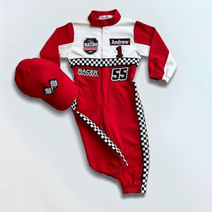 Handmade Race Car Driver Costume for Toddlers, Long Sleeve Racer Suit with Name and Number