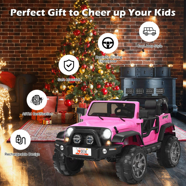 12V 2-seater ride-on car truck with remote control and storage, perfect for outdoor fun and adventures for kids.