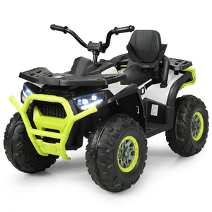 12V kids electric ATV quad with MP3 and LED lights, angled view showcasing fun and safety for young riders.