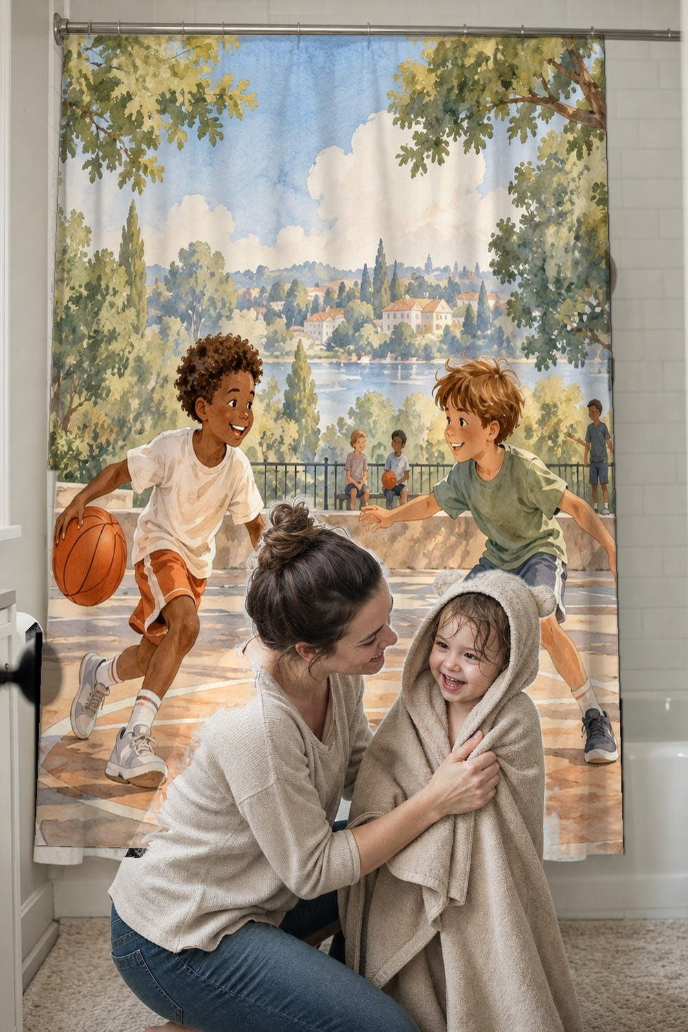 Kids Playing Basketball shower curtain, full front view of the 71 x 74 in fabric curtain