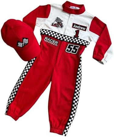 Handmade Race Car Driver Costume for Toddlers, Long Sleeve Racer Suit with Name and Number Personalization