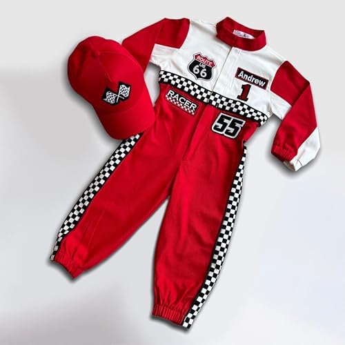 Handmade Race Car Driver Costume for Toddlers, Long Sleeve Racer Suit with Name and Number