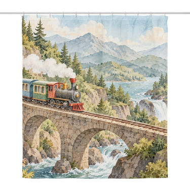 Tunnel Waterfall Train shower curtain, full front view of the 71 x 74 in fabric curtain