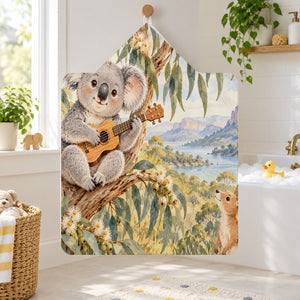 Koala Ukulele kids hooded bath towel hanging in a kids bathroom