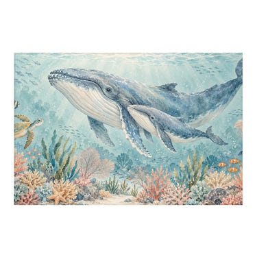 Whale Family Ocean kids rug, full view of the printed design