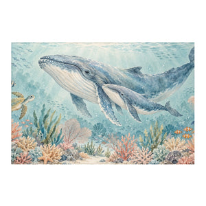 Whale Family Ocean kids rug, full view of the printed design