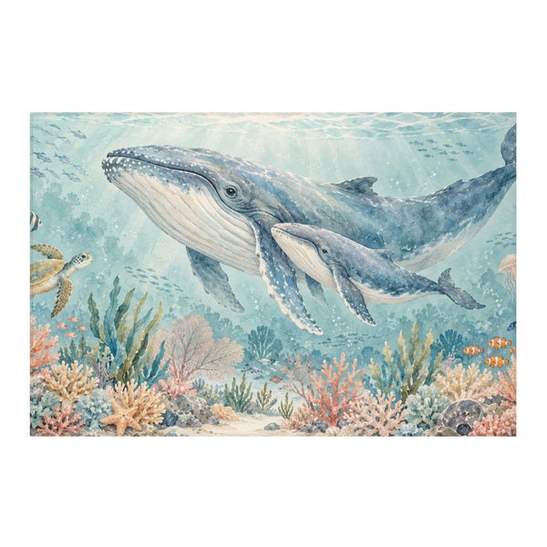 Whale Family Ocean kids rug, full view of the printed design