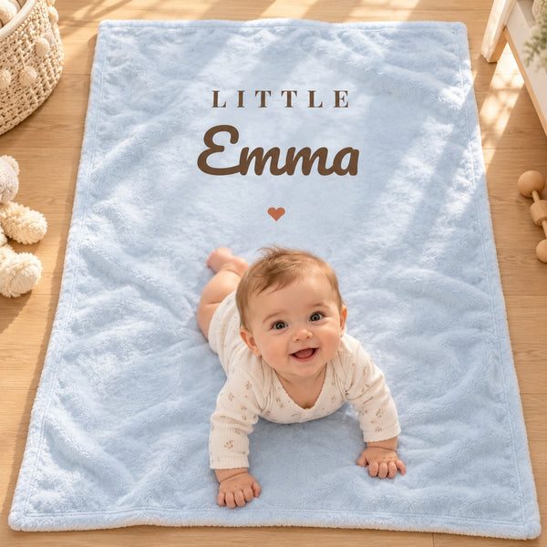 Little Name minky baby blanket in sky, styled photo 2