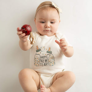 Short sleeve graphic bodysuit "Poppin Bottles" for babies, displayed at angle 5. Perfect for playful outfits!
