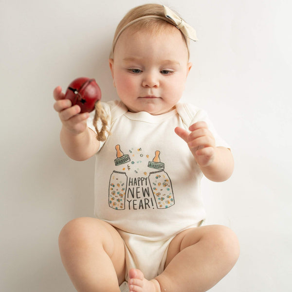 Short sleeve graphic bodysuit "Poppin Bottles" for babies, displayed at angle 5. Perfect for playful outfits!