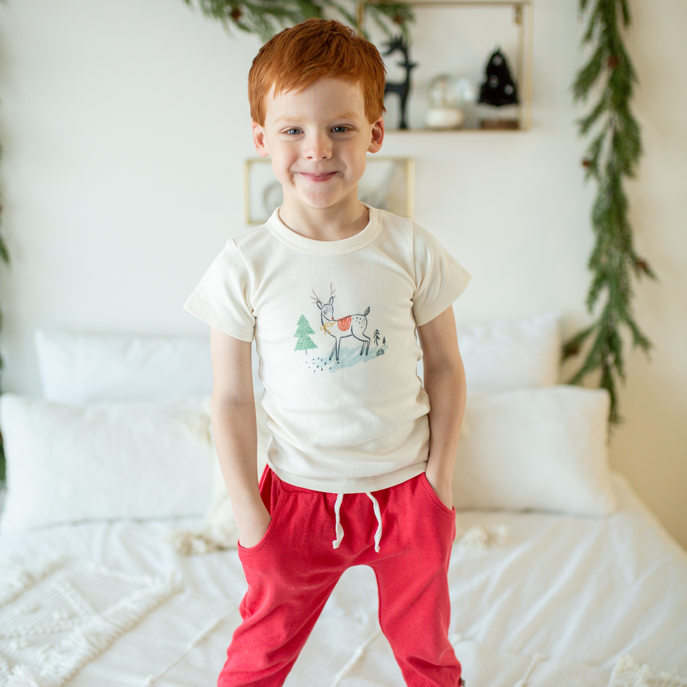 Christmas deer graphic tee for babies, perfect festive top for holiday celebrations.