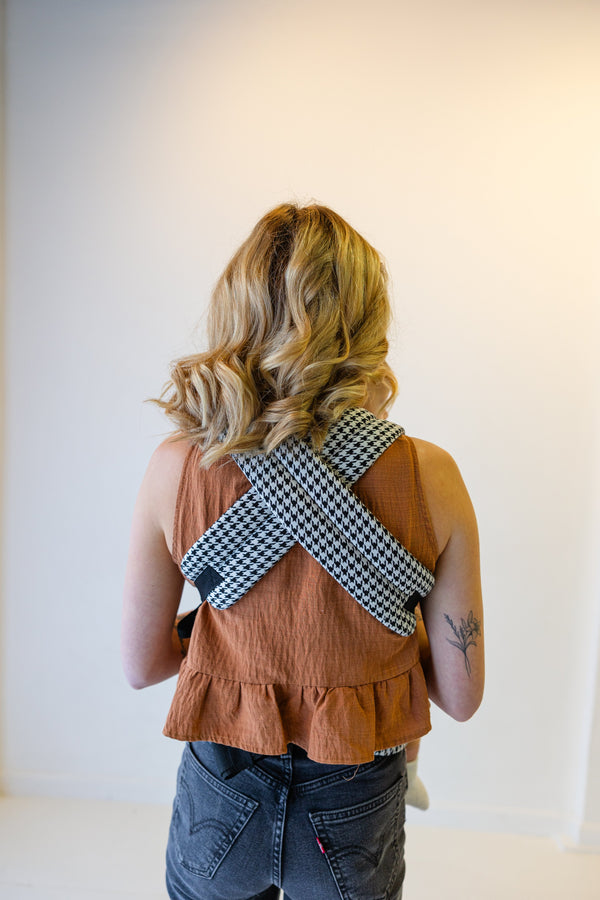 Coco Houndstooth Woven Jacquard baby carrier for 7-35 lbs, shown at angle 7, stylish and comfortable for parents.