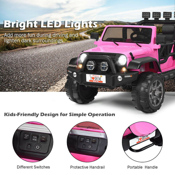 12V 2-seater ride-on car truck with remote control and storage, perfect for outdoor fun and adventure for kids.