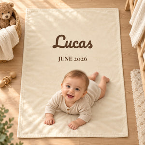 Name and Birth Month minky baby blanket in oat, styled photo 2