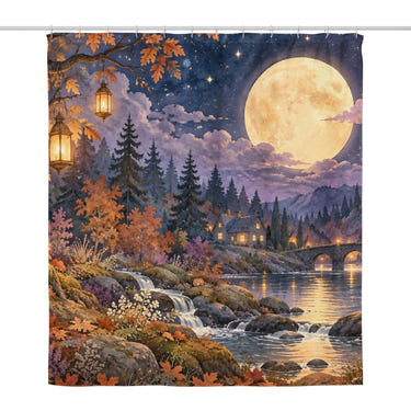 Woodland Night Halloween shower curtain, full front view of the 71 x 74 in fabric curtain