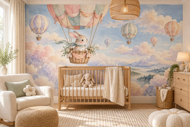 Watercolor Bunny Hot Air Balloon Wall Mural, image 1