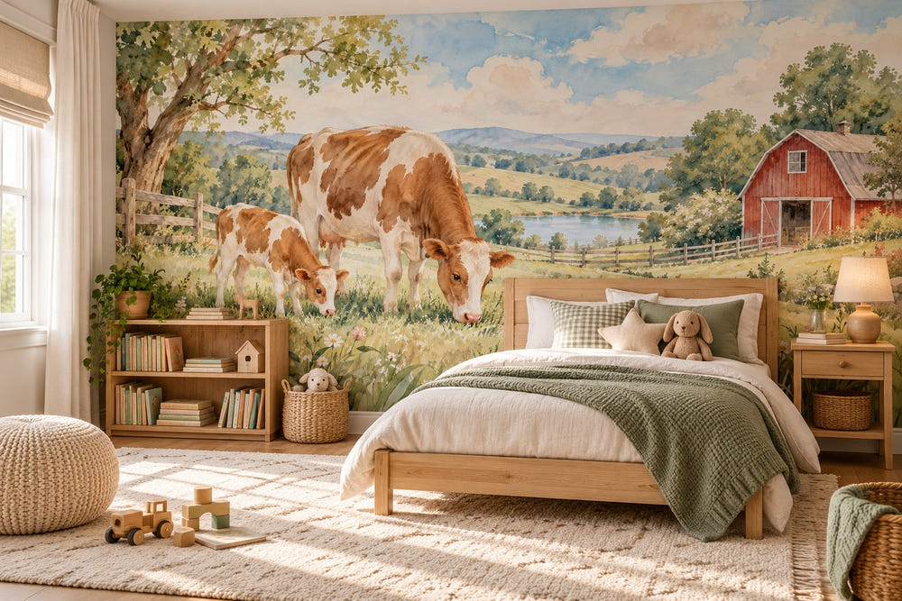 Watercolor Cow and Calf Farm Wall Mural, image 1
