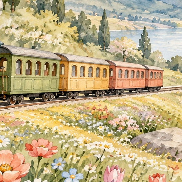 Flower Meadow Train shower curtain, close up of the watercolor artwork