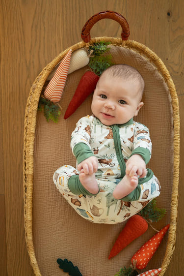 Cottontail Garden Bamboo Zippy Romper for babies in a cute floral design, perfect for comfort and style.