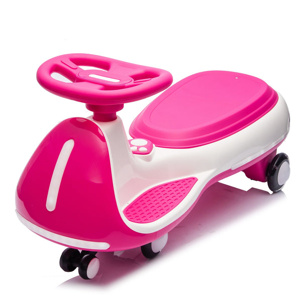 12V Electric Wiggle Ride On Car with dual motors and LED lights, angled view showcasing its fun design for kids.