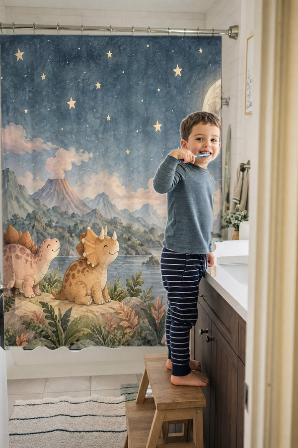 Child brushing teeth in a family bathroom with the Moonlit Dinosaurs shower curtain
