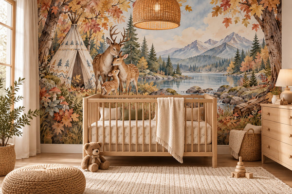 Watercolor Deer Teepee Camping Wall Mural, image 1