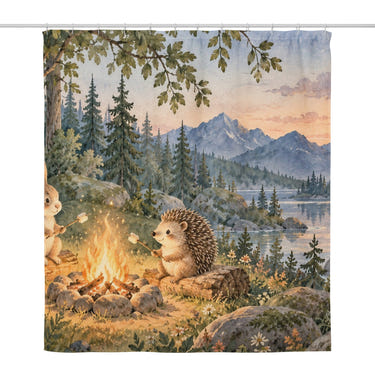 Campfire Friends Camping shower curtain, full front view of the 71 x 74 in fabric curtain