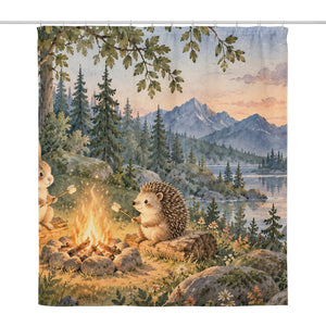 Campfire Friends Camping shower curtain, full front view of the 71 x 74 in fabric curtain