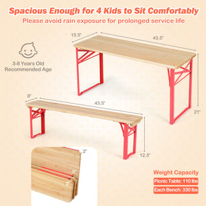 43.5 Inch Folding Kids Picnic Table & Bench Set No Assembly Wooden Toddler Table