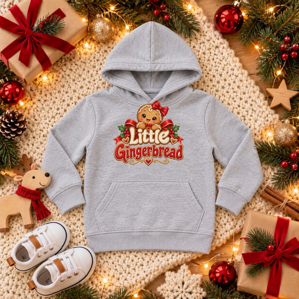 Little Gingerbread toddler hoodie in heather grey, Christmas flat lay