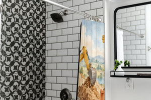 Construction Site shower curtain in a modern farmhouse bathroom with subway tile