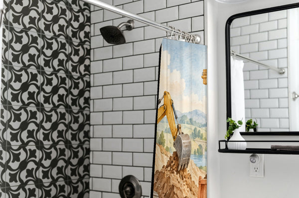 Construction Site shower curtain in a modern farmhouse bathroom with subway tile