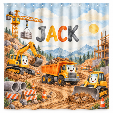 Personalized construction trucks kids shower curtain with the name Jack