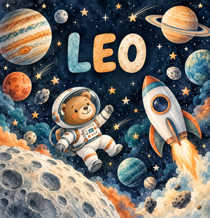 Space Explorers watercolor artwork with the name Leo