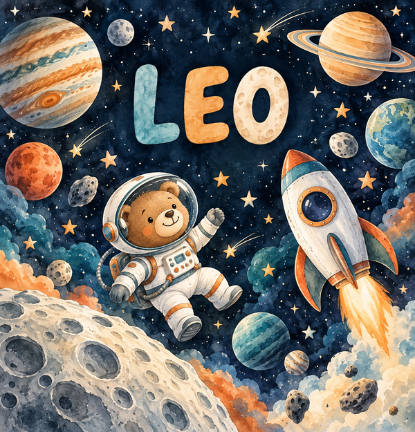 Space Explorers watercolor artwork with the name Leo