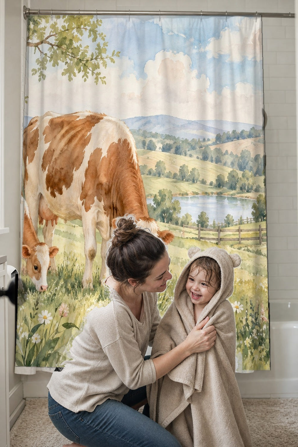 Cow and Calf Farm shower curtain, full front view of the 71 x 74 in fabric curtain