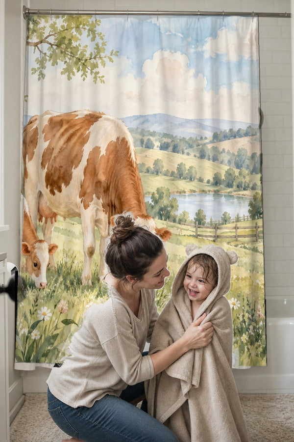 Mom drying her toddler in a hooded towel in front of the Cow and Calf Farm shower curtain