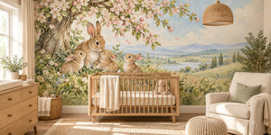 Watercolor Apple Blossom Family Bunny Wall Mural, image 1