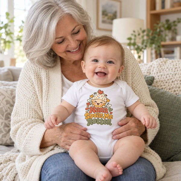 Grandma holding baby in the Nana Spoils Me Rotten baby bodysuit
