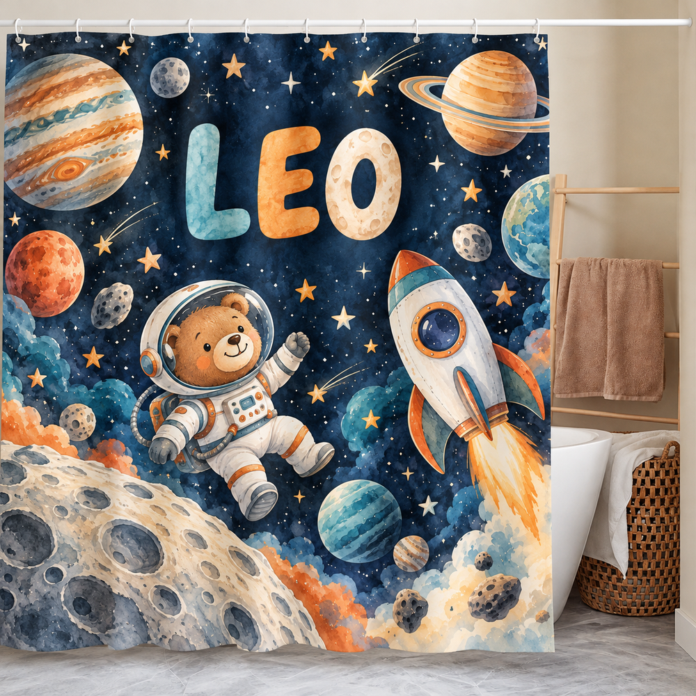 Personalized astronaut bear, rocket and planets kids shower curtain with the name Leo