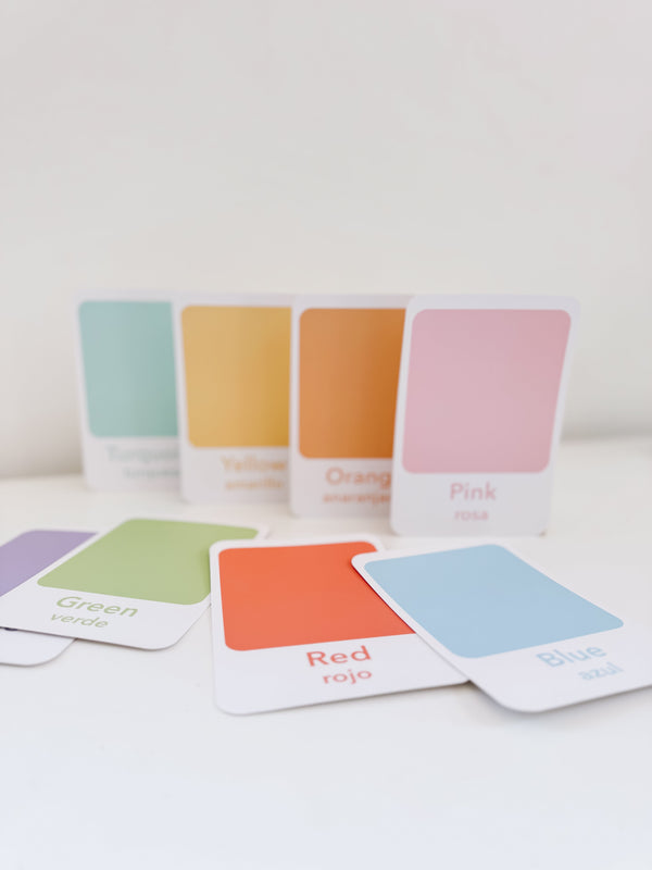 Color sorting flashcards for babies, promoting early learning and sensory play, displayed at an angle.