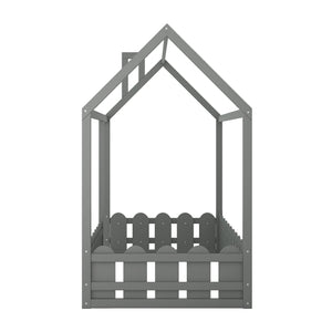 {Slats are not included}Twin Size Wood Bed House Bed Frame with Fence for Kids Teens Girls Boys {Gray}