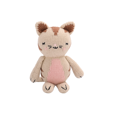 Soft baby knit doll in the shape of a cute cat, perfect for cuddles and playtime.
